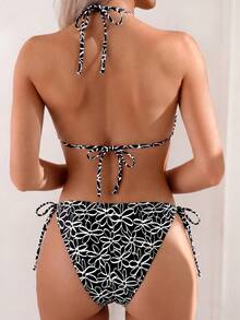 Oceva Spring/Summer Beach Floral Print Colorblock Sexy One-Piece Swimsuit - Black and White - View 2