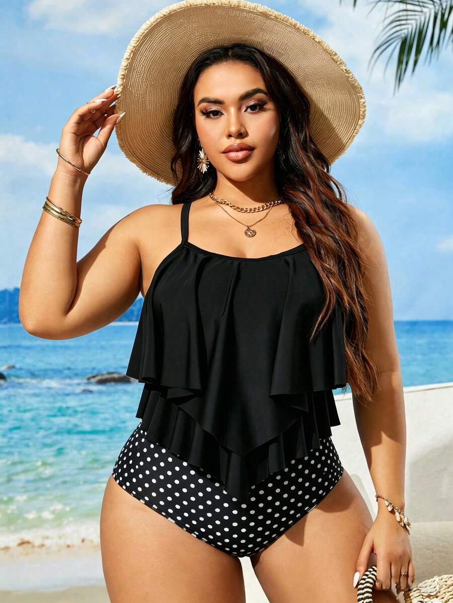 SHEIN Swim 大尺碼女款夏季海灘度假波點印花分體式比基尼泳衣 - 彩色 - 查看 1