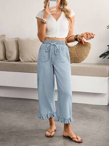 Breezaya Quần jean nữ eo dây rút có túi thiết kế gấu bèo nhún - Màu xanh lam - Xem 8