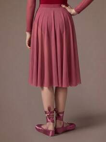 SHEIN Teen Girls Clothes ' Activewear Pink Long Skirt, Made Of Mesh Material, With Ruched, Back To School - Pink - View 2
