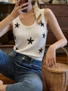 EMERY ROSE Women's Vacation Starfish Embroidery Contrast Color Hollow Out Knit Vest Vacation Black And White Autumn Boho - White - View 3