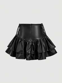 SHEIN MOD 侧边系带荷叶边PU裙 - 黑色 - 查看 2