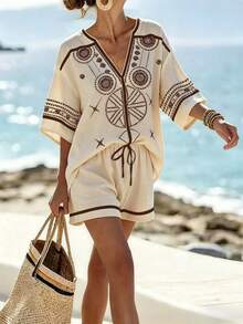 EMERY ROSE Plus Size Women's Bohemian Print V-Neck Trim Loose Shirt + Shorts 2-Piece Set, Vacation Style - Multicolor - View 3