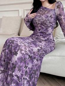 Feyla 女款花卉印花不對稱領口荷葉邊優雅長版晚禮服 - 紫色 - 查看 3