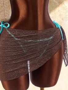 Amplova Women's Sexy Tropical Lace Overlay Swimwear Set, Fashionable For Vacation Bathing Suits Beach Party Brown Stripe Chocolate Summer Turquoise - Blue - View 10