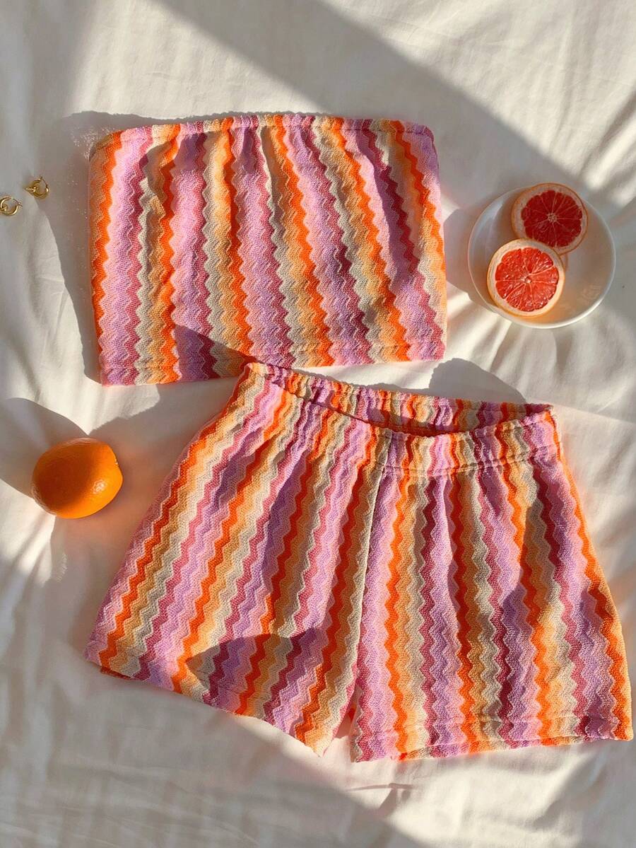Comfortcana Women's Striped Bandeau Top And Shorts 2 Pieces Set For Vacation - Multicolor - View 1