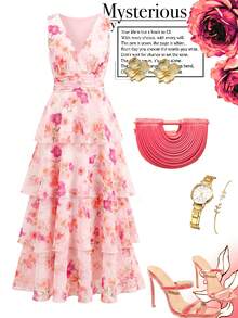 Vestido de falda larga y elegante para mujer, vestido de diosa con cuello en V y cintura elástica, adecuado para banquetes y fiestas en otoño/invierno, color marrón - Rosa Pálido - Ver 8