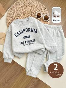 SHEIN LMoss Kids 2件套女婴针织纯色字母图案宽松圆领卫衣和打底裤套装 - 淺灰色 - 查看 1