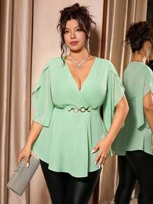 Cravure Plus Size Women's Solid Color Overlap V-Neck Ruffle Sleeve Elegant Blouse - Green - View 6