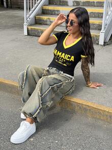 SAYEHFBABY 女款街頭休閒V領圖案印花修身短袖T恤 黑色 夏季 - 黑色 - 查看 4