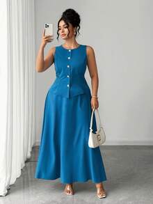 Elenzga Plus Size Women Elegant Peacock Blue Metal Button Sleeveless Vest & Skirt Set, Summer - Blue - View 2