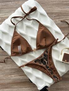 Swim SXY Spring/Summer Solid Color Triangle Wireless Halter Backless Top And Swim Shorts Women Sexy Bikini Set For Beach Vacation - Brown - View 2