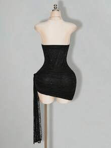 SHEIN ICON 女款素色抓皺時尚約會派對迷你抹胸洋裝 - 黑色 - 查看 2