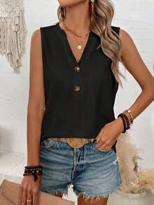 Hotletica Women's Solid Color Fashion Button Decor Camisole, Versatile For Daily Wear - Black - View 4