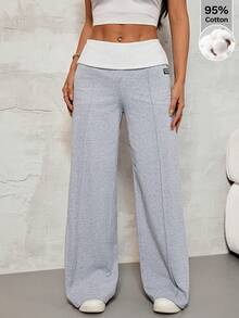 SHEIN PETITE Quần ống loe nữ màu xám họa tiết hoa, 95% cotton, cạp trắng và họa tiết thêu - Phong cách đường phố, cổ điển Y2K, thích hợp cho học sinh, mặc hàng ngày và các hoạt động thể thao mùa xuân/hè (tập gym, yoga, tennis, cầu lông, bóng rổ, leo núi, đạp xe và cắm trại). - Xám - Xem 3