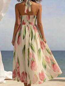 Breezaya Đầm midi dáng xòe cổ chữ V, eo, in họa tiết hoa tulip màu hồng lãng mạn, thanh lịch dành cho nữ cỡ lớn - Nhiều màu - Xem 2