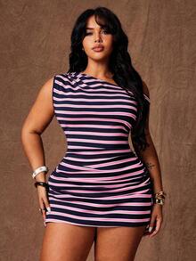 Rustia Vestido ajustado sin mangas con hombro asimétrico y rayas de bloques de color estilo americano, talla grande, sexy y versátil para el verano - Rosa Pálido - Ver 4
