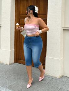 Rivivi Women's Thin Slit Denim Capri Pants, High Waist Fitted Stretch Capri Pants For Summer Formal Navy Blue Casual - Light Wash - View 6