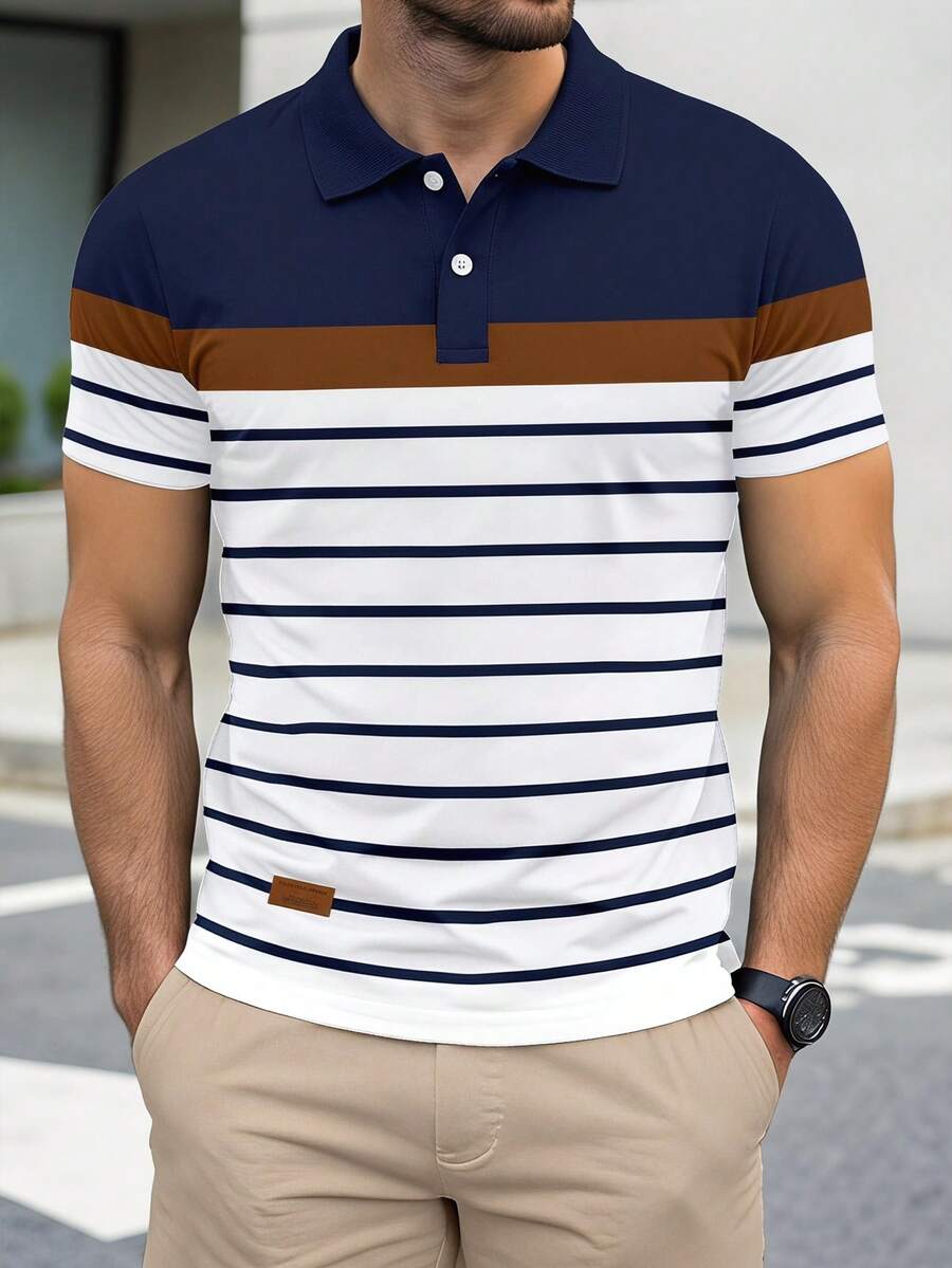 Solurane Minimalist Color Block Striped Patchwork Fashion Casual Print Men's Standard Fit Short Sleeve Polo Shirt, Essential Outfit For Dates And Gatherings, Suitable For Couples, Gift For Boyfriend - Navy Blue - View 1