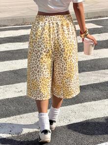 Muchica Women's Leopard Print Pocket Drawstring Waist Casual Wide Leg Bermuda Shorts - Pale Yellow - View 2
