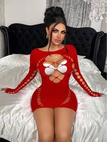 ChaseTheNight 一件女士性感紫红色紧身半透明渔网连衣裙，适合派对、夜店、海滩、圣诞节等场合。 - 紅色 - 查看 7