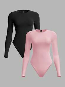 SHEIN BASICS 2件/組休閒素色針織圓領長袖女款連身衣 - 彩色 - 查看 1
