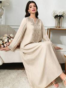 Al Najma 女款優雅刺繡阿拉伯風洋裝 - 卡其色 - 查看 6