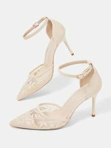 CUCCOO HITCHD Zapatos de mujer primavera y verano nuevos beige de malla bordada con punta y hebilla, sandalias de tacón de aguja hueco, elegantes para citas, bodas y damas de honor - P beige - Ver 7