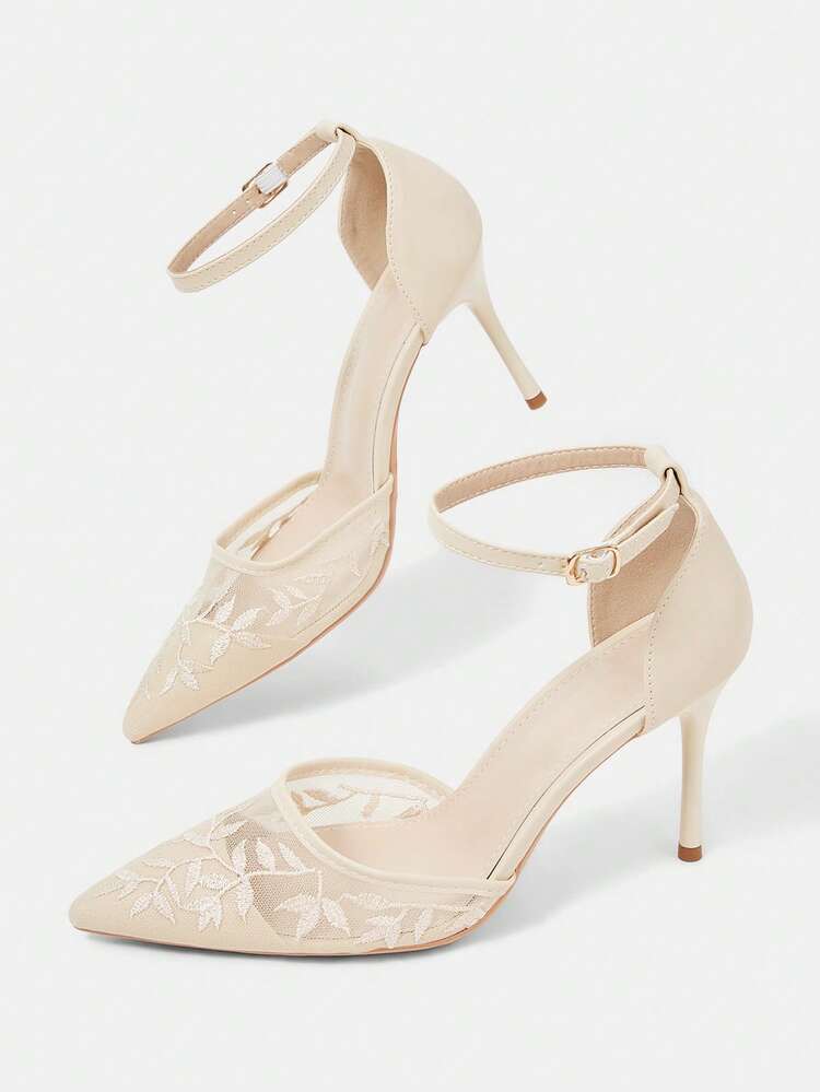 CUCCOO HITCHD Women Shoes Spring And Summer New Pink Mesh Embroidered Pointed High Heels, One-Word Buckle With Hollow Stiletto Sandals, Gentle Fairy Style, Daily Dating Wedding Bridesmaid Shoes, Banquet Dress Cheongsam With Shoes, Temperament Versatile Commuter Women's Shoes