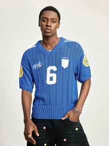 ROMWE MEN Prep World Cup Men's Numeric Embroidery Short Sleeve Knit Top - Blue - View 6