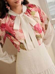Anewsta Đầm chiffon in hoa thanh lịch mới, cổ nơ, thích hợp dự tiệc cho nữ. - Màu be - Xem 2