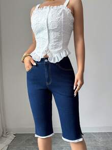 Selianne Women's Casual Elastic Lace Trim Modern Fashion Woven Denim Capri Pants - Dark Wash - View 6