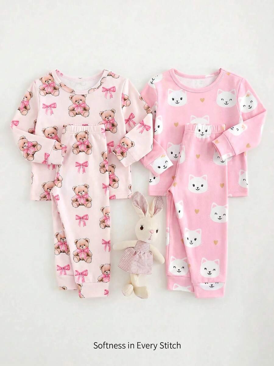 Cozy Pixies 女婴四件套贴身睡衣套装 - 波点、彩虹、爱心情人节图案圆领长袖上衣和松紧腰长裤 - 彩色 - 查看 1