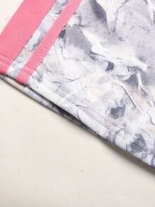 Young Girl/Young Girls Grey Leaf Print Patchwork Pink Waistband Knit Sweatpants, Autumn Clothing - Grey - View 4