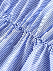 GlowEve Elegant Business Casual Vintage French Design Collared Puff Sleeve Blue And White Striped Asymmetrical Hem Ruffle Waist Slim A-Line Blouse Work Summer - Blue and White - View 4