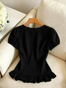 Qadelle Women's V-Neck Ruffle Trim Vacation Blouse - Black - View 2