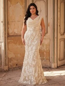 Glamrae Plus Size White Luxury Sequin Patchwork Draped Neck Chiffon Mermaid Hem Formal Gown Bridal Evening Formal Spring Elegant - Apricot - View 6
