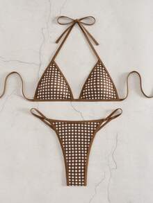 SHEIN BamGlam Women's Plaid Bikini Set - Brown - View 4