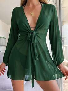 Swim Chiccia 女士纯色系结前开襟和服罩衫 - 墨綠色 - 查看 1