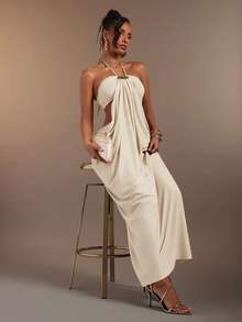 Hauture Olive Green Bandeau Cut Out Side Draped Gathered Side Halter Neck Maxi Dess - Apricot - View 3