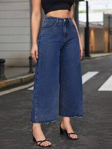 SHEIN ICON 大码女式浅灰色弹力腰毛边直筒牛仔裤 - 深色水洗藍 - 查看 3