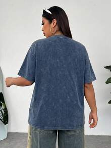 Solflare Plus Size Acid Washed Look Vintage Knitted Distressed Loose Fit Short Sleeve T-Shirt - Navy Blue - View 2