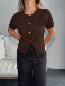 Jeta Ari Women's Solid Color Round Neck Front Button Casual Short Sleeve Thin Cardigan Brown Summer - Coffee Brown - View 3
