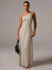 Avenya Color Block Patchwork Dress With Shoulder Strap - Apricot - View 3