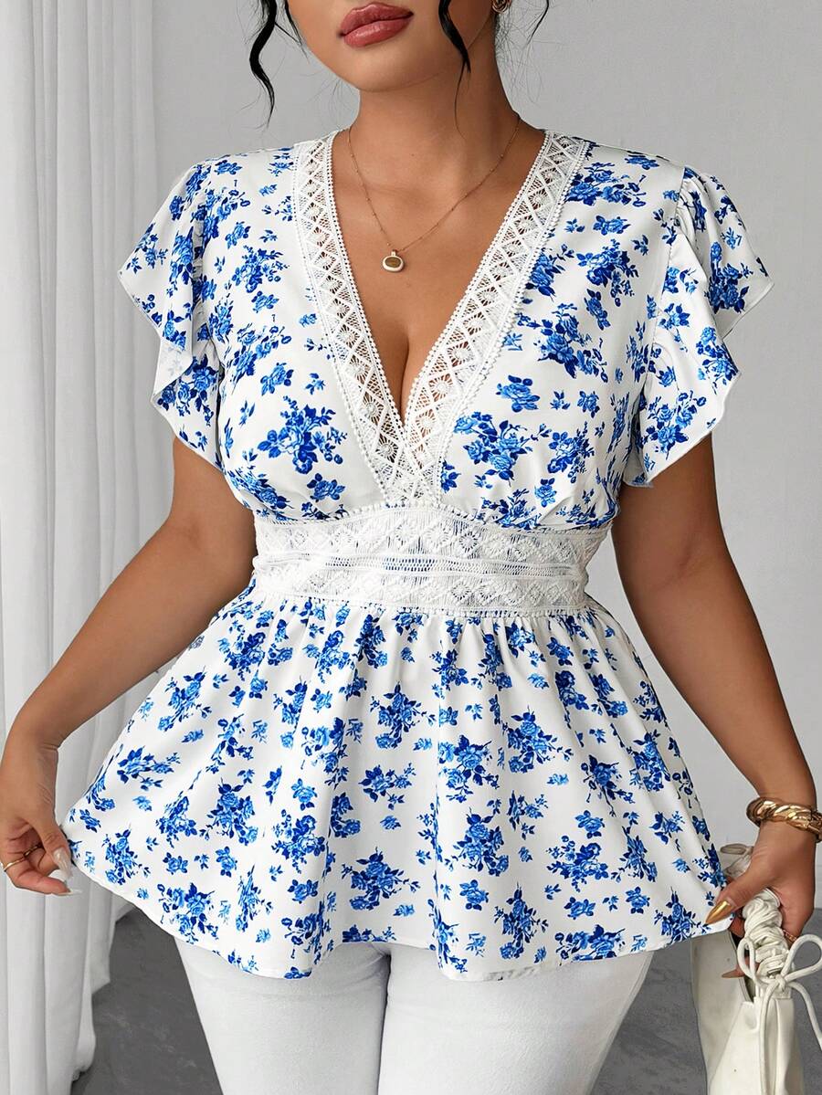 SHEIN Clasi Plus Size Women Deep V-Neck Floral Print Casual Boho Versatile Daily Wear Shirt Vacation White Summer - Blue - View 1