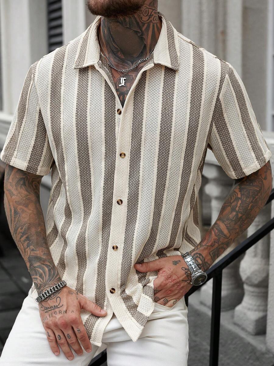Manfinity CasualCool Áo sơ mi cổ polo sọc thường ngày dành cho nam - Màu Khaki - Xem 1