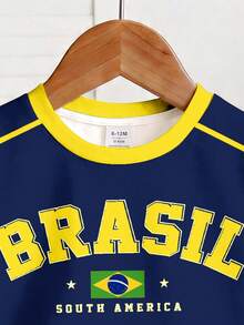 女嬰亮麗陽光黃金色星芒金海岸復古時尚綠色BRAZIL字母對比領休閒極簡短袖修身圓領T恤，適合春夏日常穿著、外出、運動、世界盃、度假、假期，舒適易穿時尚女嬰復古運動字母圖案上衣，新款返校休閒慵懶風穿搭 - 彩色 - 查看 6