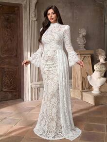 Aureia Đầm dạ hội dáng đuôi cá size lớn sang trọng thanh lịch lãng mạn, cổ trắng, tay loe, nhún bèo, phối patchwork, tà dài, phù hợp cho tiệc tối, tiệc độc thân, hẹn hò, dạ hội, du lịch, đám cưới - trắng - Xem 6
