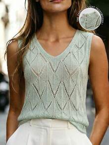 Balvessa V-Neck Diamond Hollow Textured Sleeveless Fashionable Casual Boho Versatile Women Sweater Vacation Mint Green Autumn - Mint Green - View 2