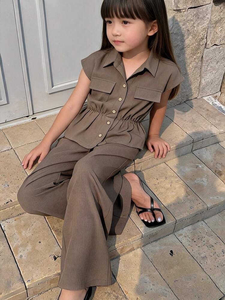 Turn-Down Collar Sleeveless Waist-Cinching Cropped Top + Straight Leg Long Pants Set For Girls (Large) Shirt Set